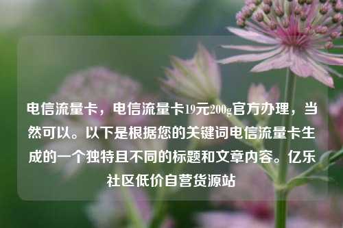 电信流量卡，电信流量卡19元200g官方办理	，当然可以	。以下是根据您的关键词电信流量卡生成的一个独特且不同的标题和文章内容。亿乐社区低价自营货源站  第1张